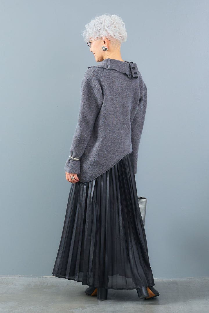 【SET】アシメハイネックボタンニット+レザーライクプリーツスカート(2set)