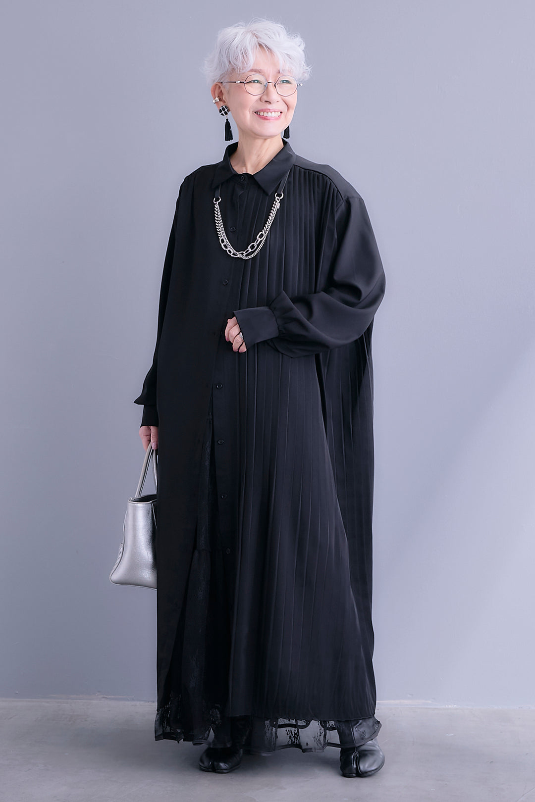 【SET】アシンメトリープリーツシャツワンピース+レースティアードスカート(2set)