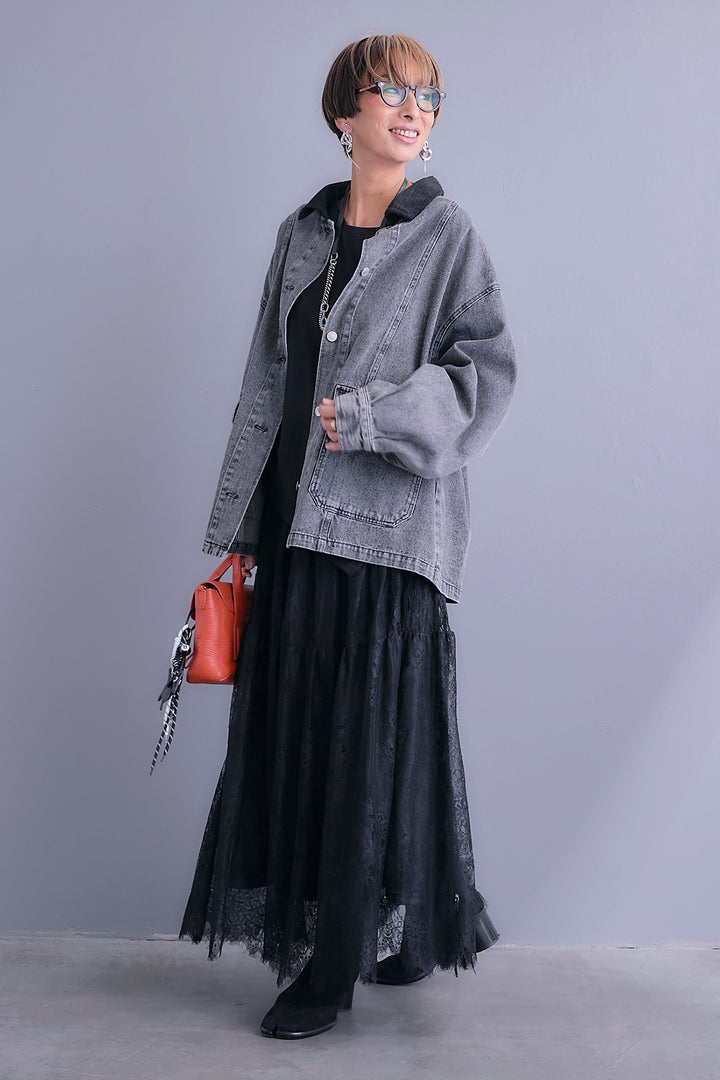 【SET】コーデュロイカラー10ozデニムジャケット+アシンメトリーロンT+アイラッシュレースロングスカート(3set)