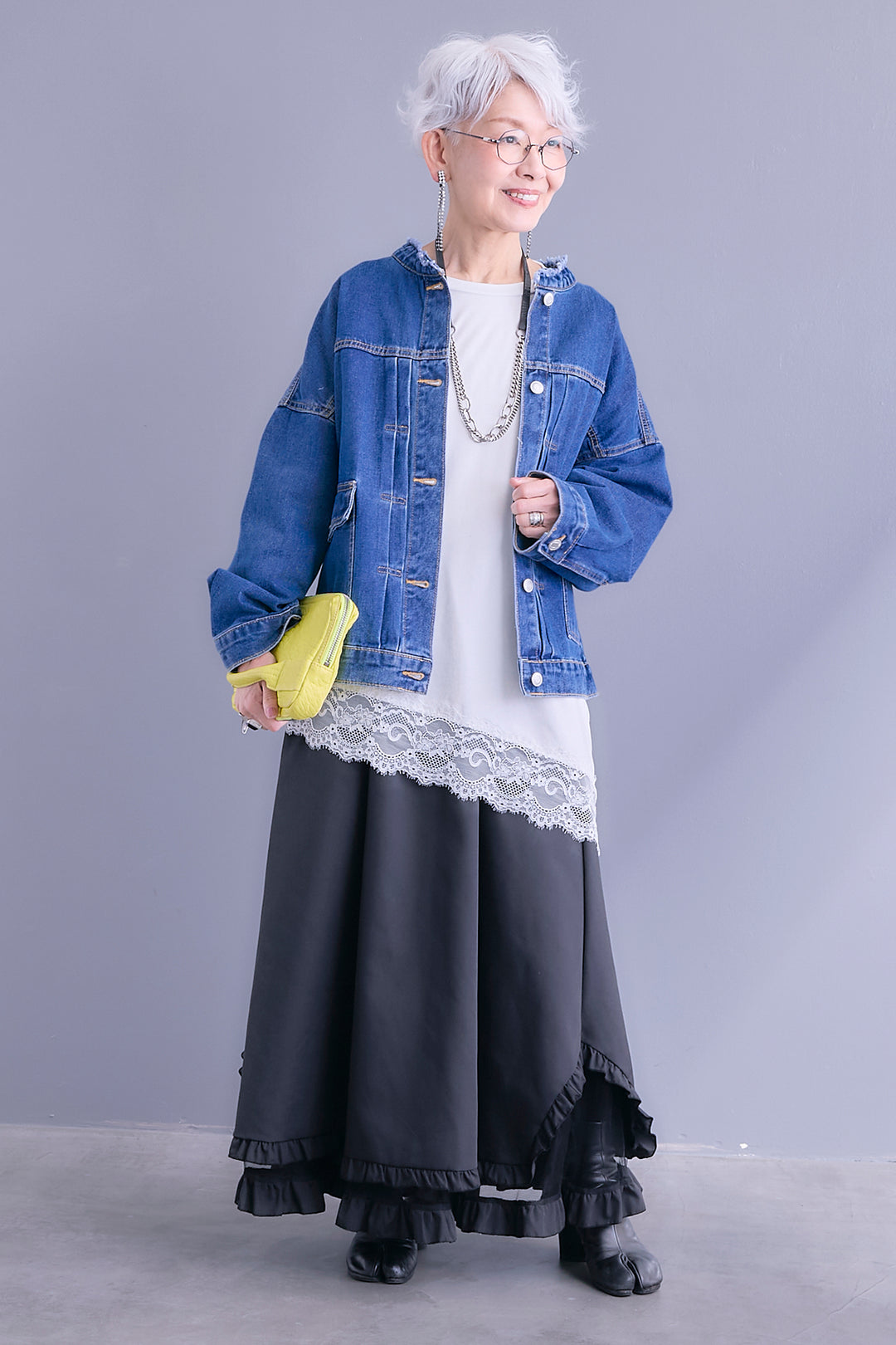 【SET】ノーカラーオーバーサイズデニムジャケット+ヘムレースアシメロンT+ヘムチュールレイヤードフリルスカート(3set)