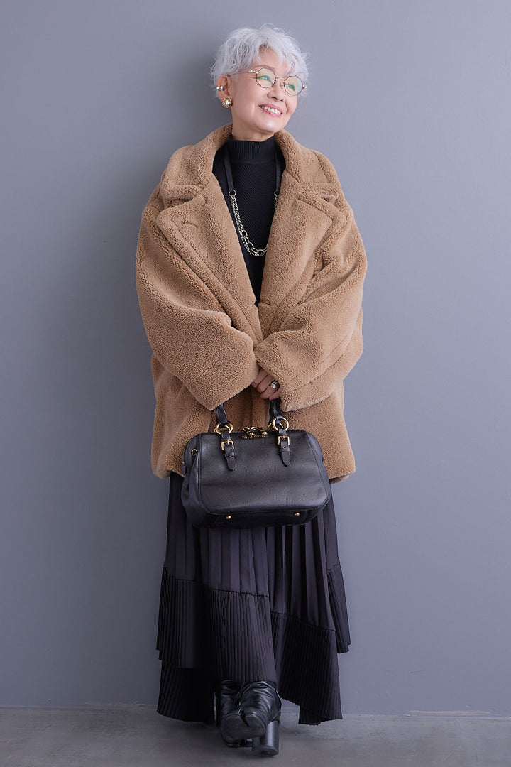 【SET】アシンメトリーオーバーニット+テディボアミディコート+アシンメトリープリーツスカート(3set)