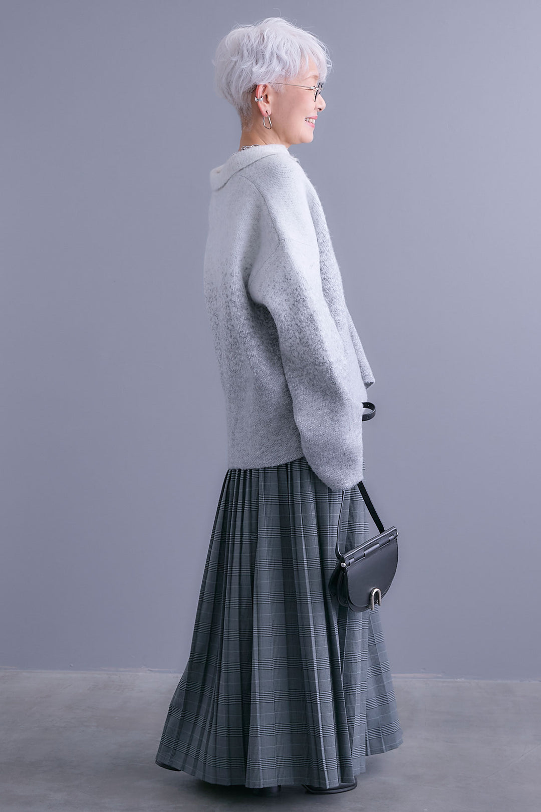 【SET】グラデーションラメキーネックニット+グレンチェックプリーツスカート(2set)