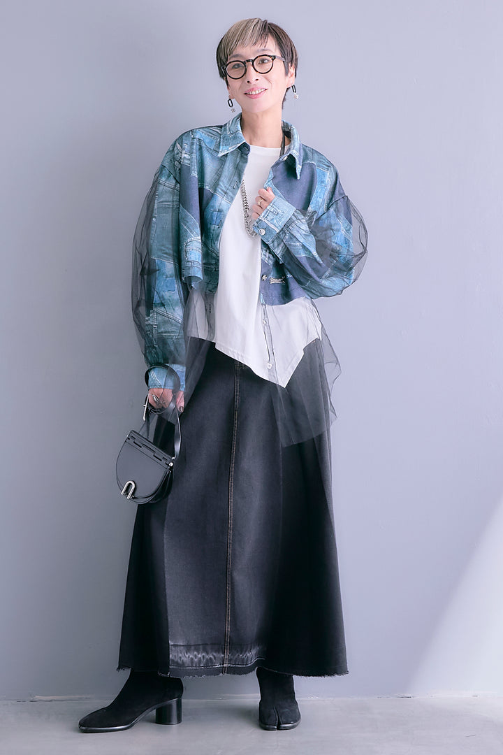 【SET】デニムグラフィックチュールレイヤードシャツ+アシンメトリーロンT+プリーツタックデニムスカート(3set)