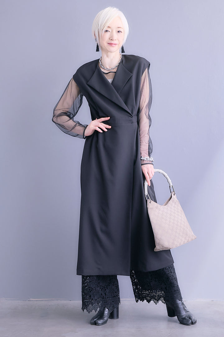 【SET】ジレワンピース×チュールトップスSET+ケミカルレースパンツ(2set)