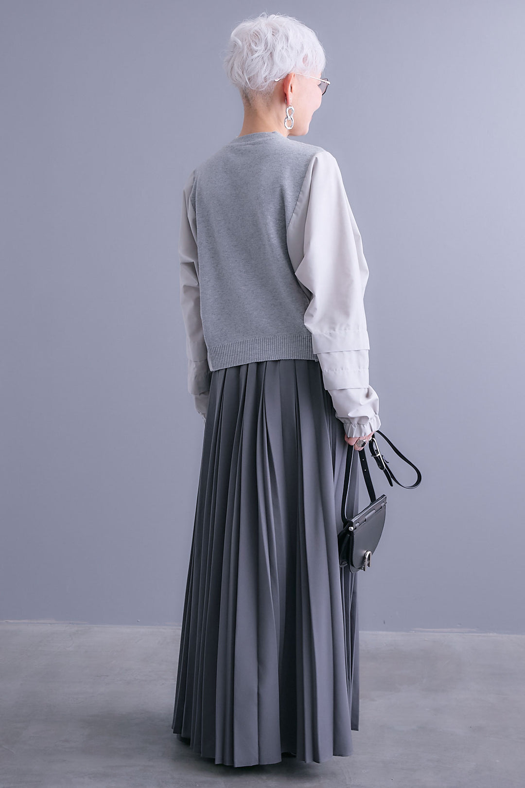 【SET】タックスリーブシャツニットコンビプルオーバー+ダブルプリーツロングスカート(2set)