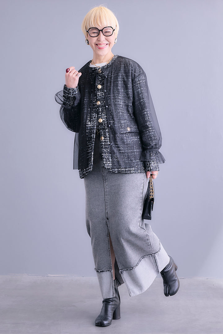 【予約】ツイード×チュールレイヤードノーカラージャケット