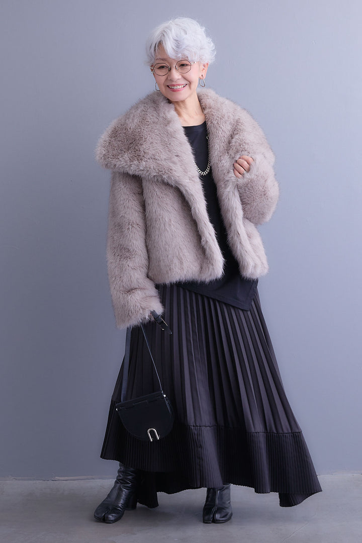 【SET】アシンメトリーロンT+オーバーカラーファーコート+アシンメトリープリーツスカート(3set)