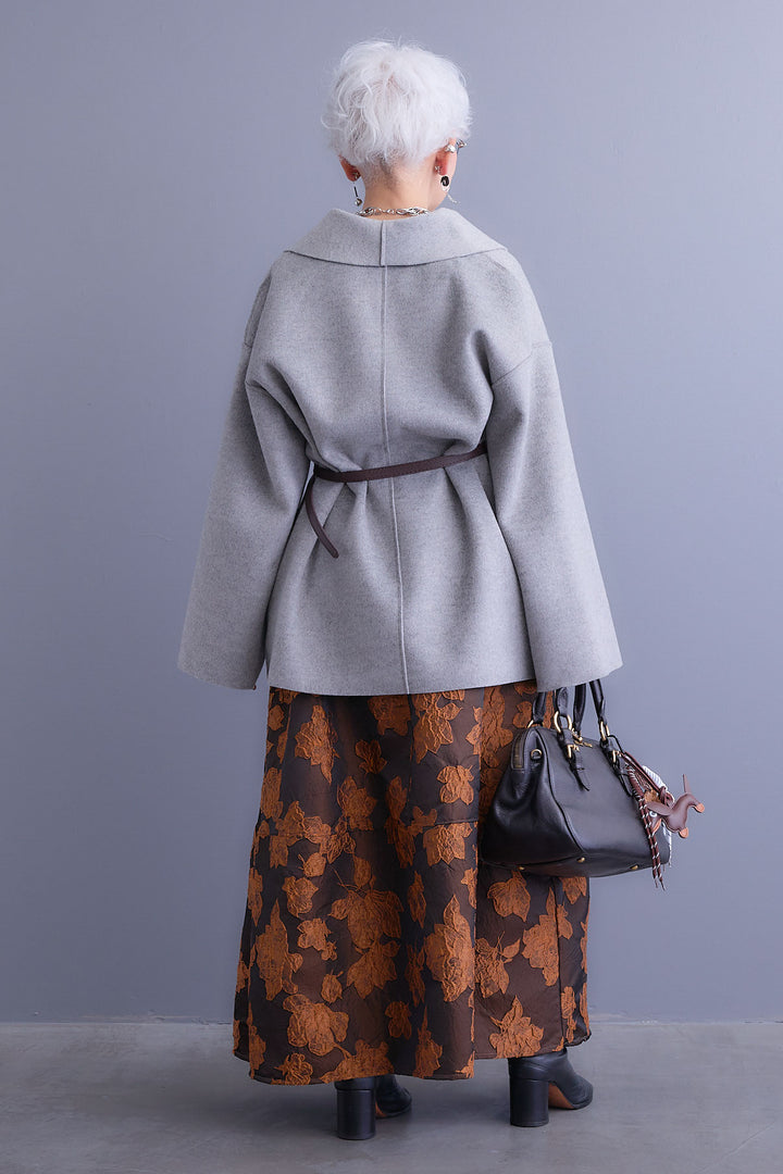 【SET】メルトンソフトショールカラーコート【ベルト付き】+ジャガードフラワースカート(2set)