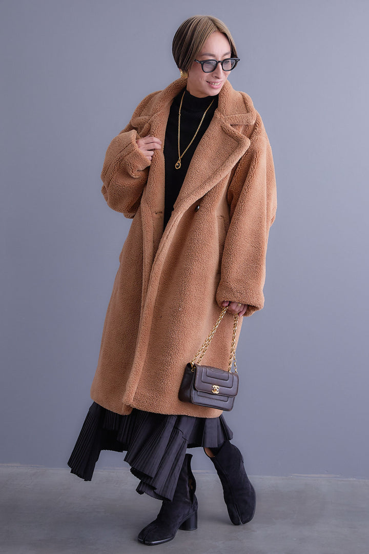 【SET】アシンメトリーオーバーニット+テディボアロングコート+アシンメトリープリーツスカート(3set)