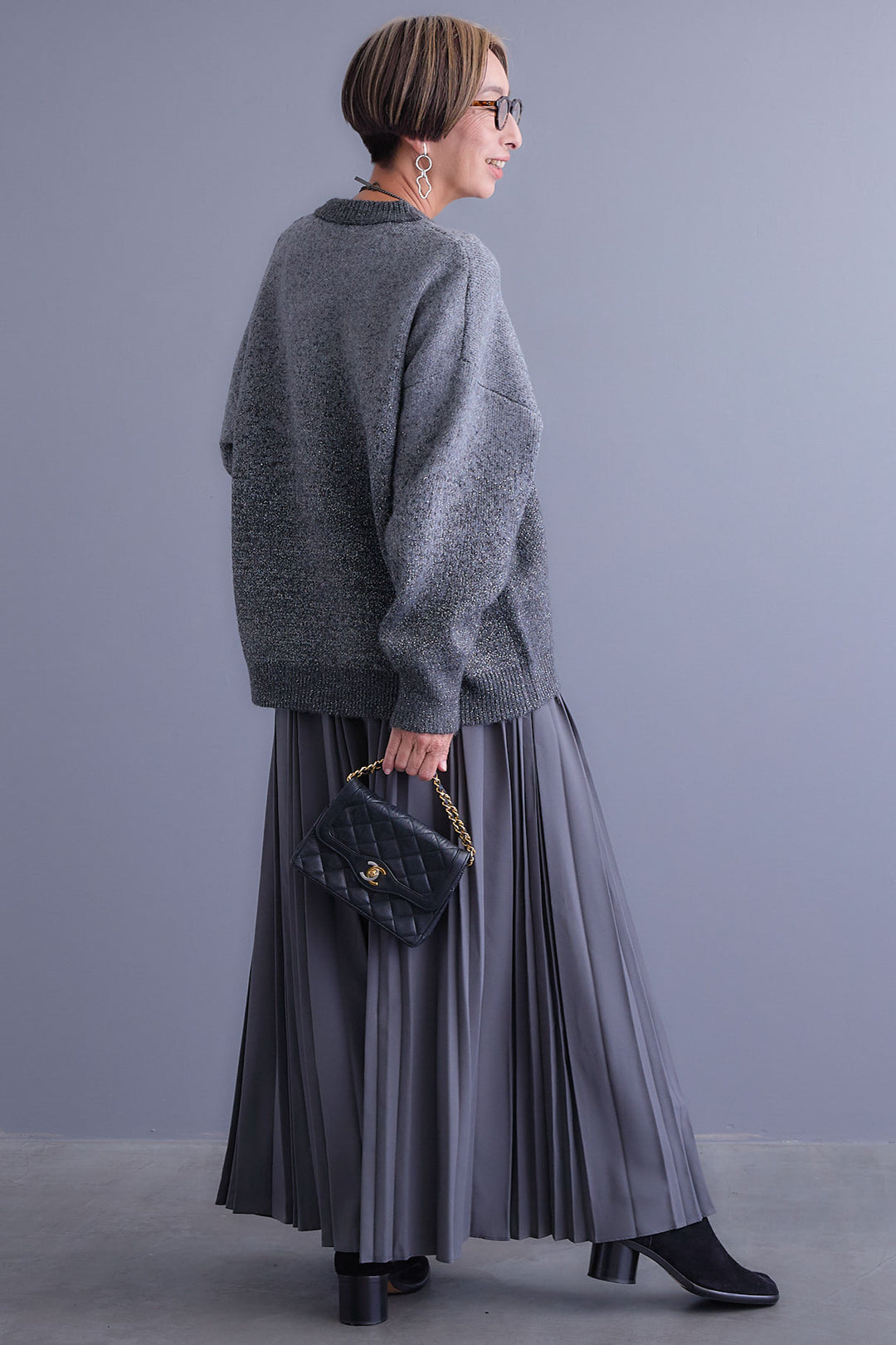 【SET】グラデーションラメクルーネックニット+ダブルプリーツロングスカート(2set)