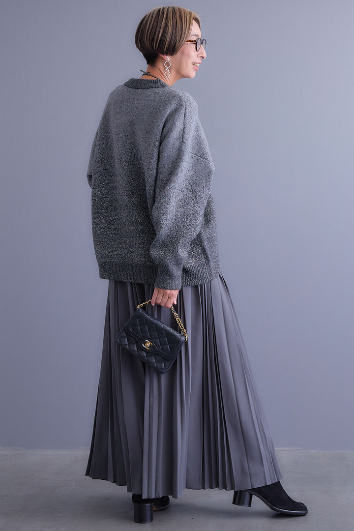 【SET】グラデーションラメクルーネックニット+ダブルプリーツロングスカート(2set)