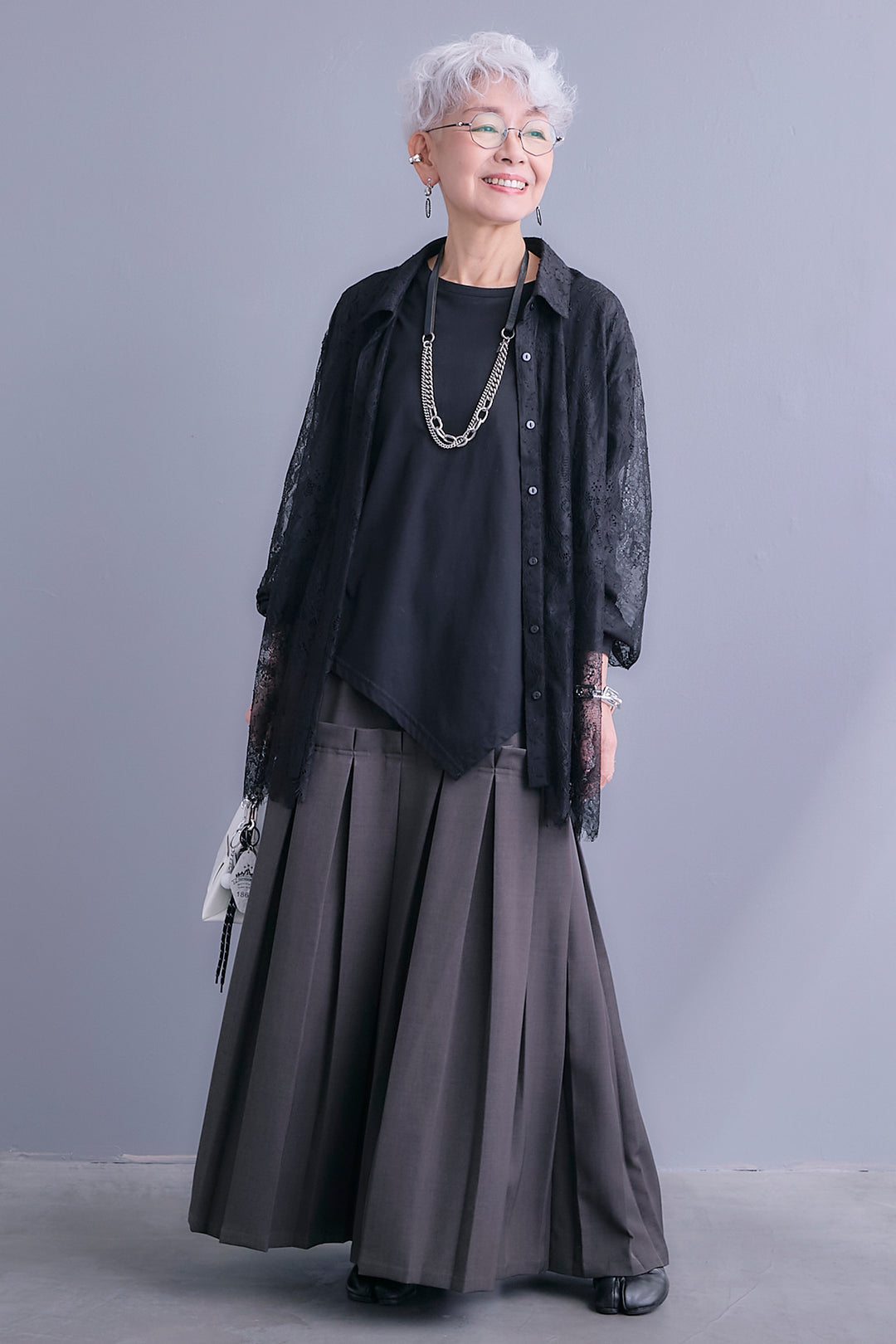 【SET】アイラッシュレースボリュームスリーブシャツ+アシンメトリーロンT+ボックスプリーツロングスカート(3set)