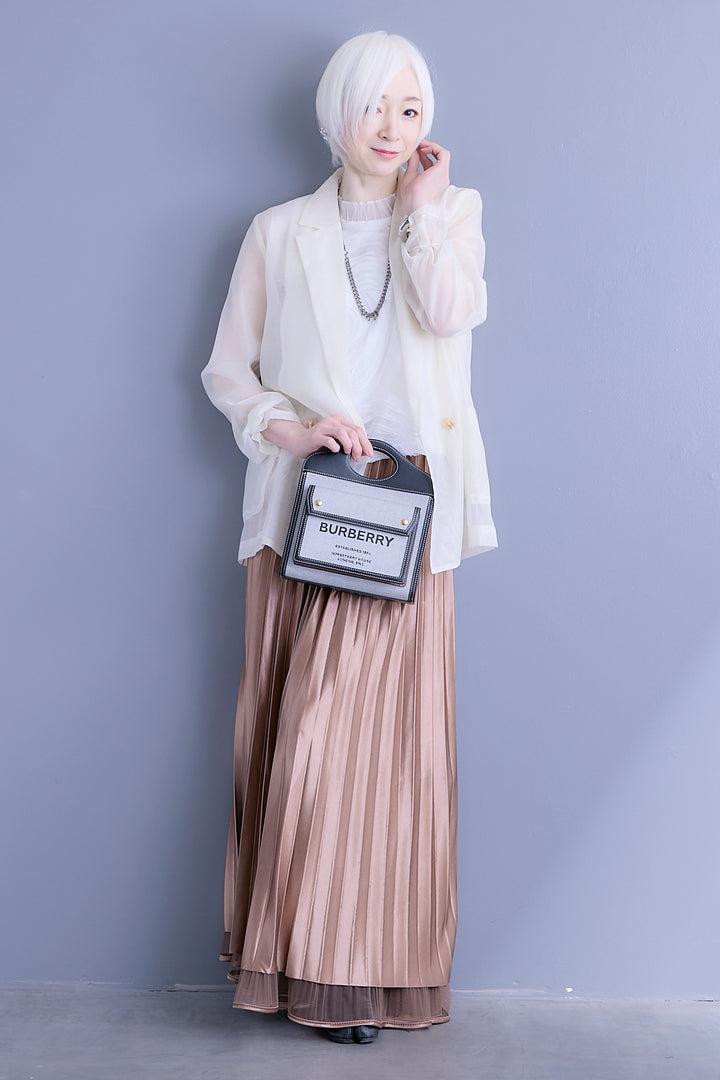 【SET】シアーポプリンダブルテーラードジャケット+ウェーブモチーフスタンドネックブラウス+2WAYラメサテンプリーツ×シアーティアードチュールスカート(3set)