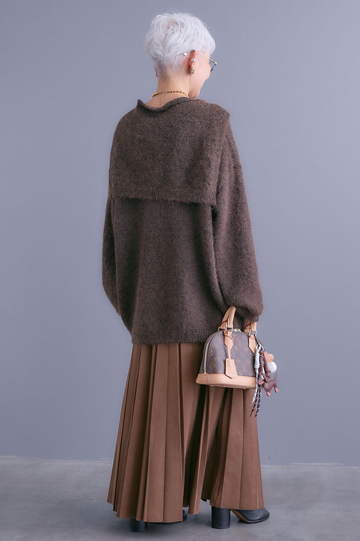 【SET】カーデケープVネックニット+スエードロングプリーツスカート(2set)