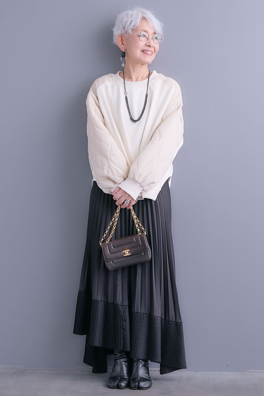 【SET】キルティングドッキングデザインプルオーバー+アシンメトリープリーツスカート(2set)