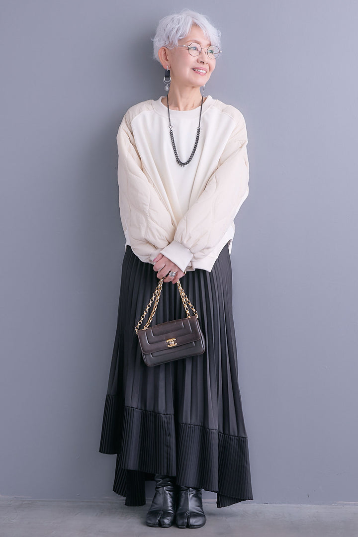 【SET】キルティングドッキングデザインプルオーバー+アシンメトリープリーツスカート(2set)