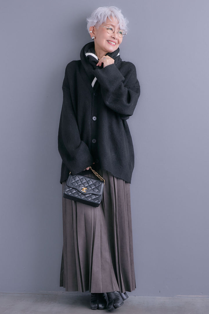 【SET】Vネックニットカーディガン&ストールSET+スエードロングプリーツスカート(2set)