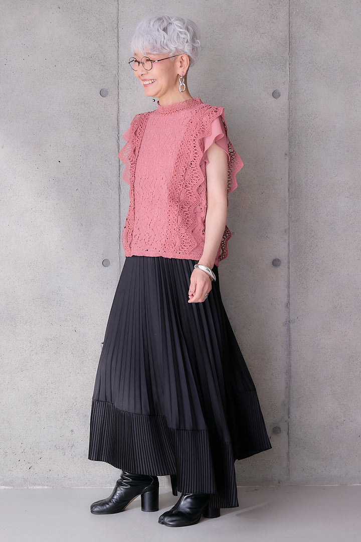 【SET】接触冷感スタンドカラーフレンチスリーブレースブラウス+アシンメトリープリーツスカート(2set)