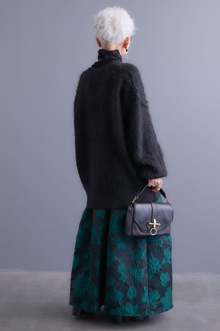 【SET】クラッシュベロアハイネックシアートップス+シャギーVネックニットカーディガン+ジャガードフラワースカート(3set)