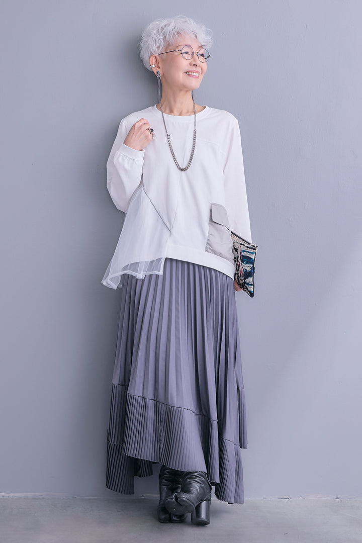 【SET】チュールギャザーアシメポケットプルオーバー+アシンメトリープリーツスカート(2set)