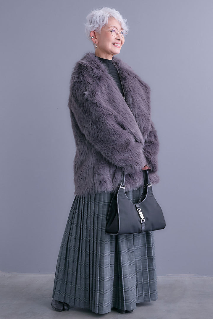 【SET】テーラードカラーファーコート+グレンチェックプリーツスカート(2set)