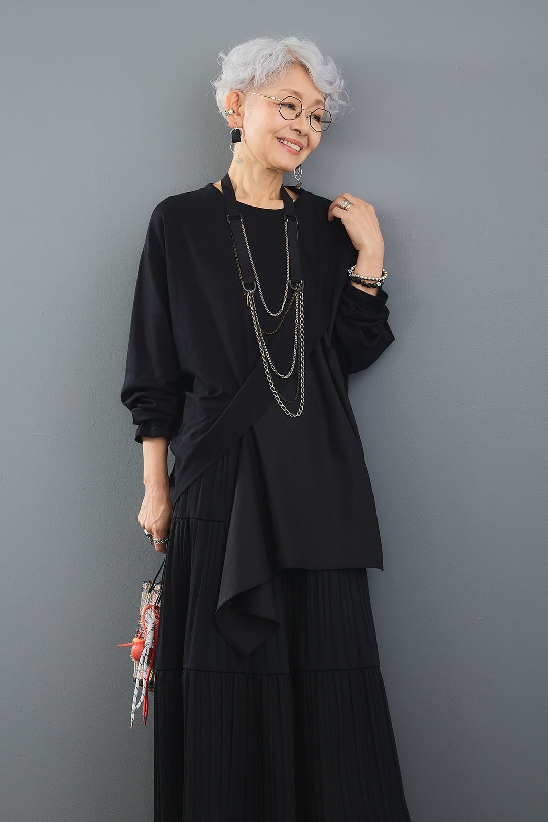 【SET】ドレープアシンメトリートップス+ニットプリーツティアードスカート(2set)