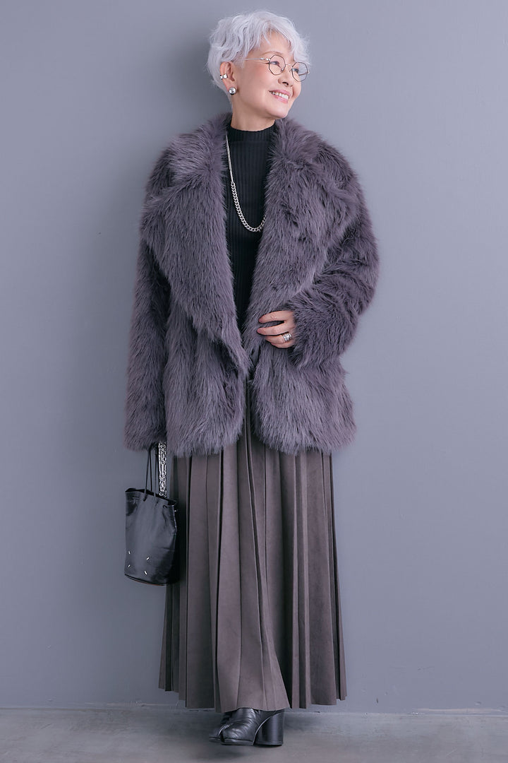 【SET】テーラードカラーファーコート+スエードロングプリーツスカート(2set)