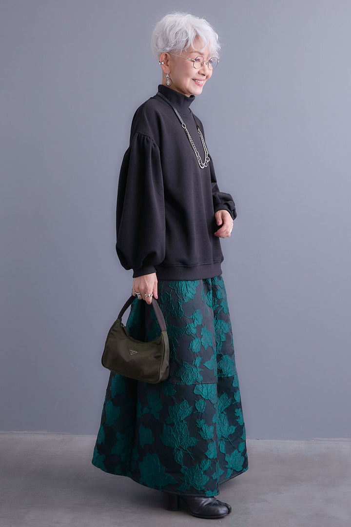 【SET】ボリュームスリーブモックネックプルオーバー+ジャガードフラワースカート(2set)