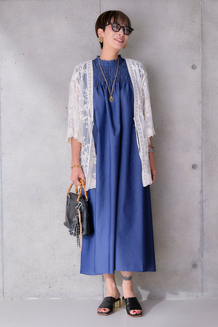 【予約】ソフトデニムシャーリングスタンドネックワンピース