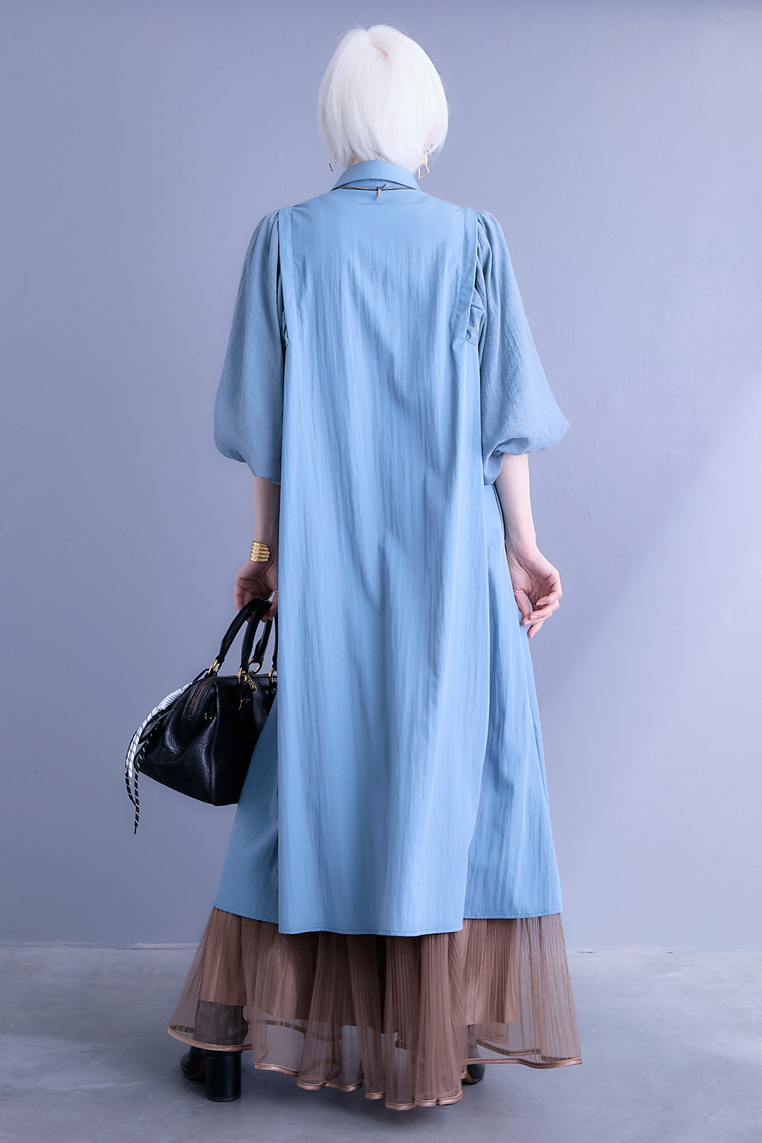 【SET】バルーンスリーブシャツワンピース+2WAYラメサテンプリーツ×シアーティアードチュールスカート(2set)