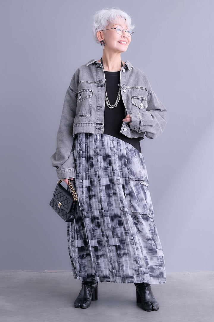 【SET】10ozライトデニムショートジャケット+アシメフラワープリーツドッキングワンピース(2set)