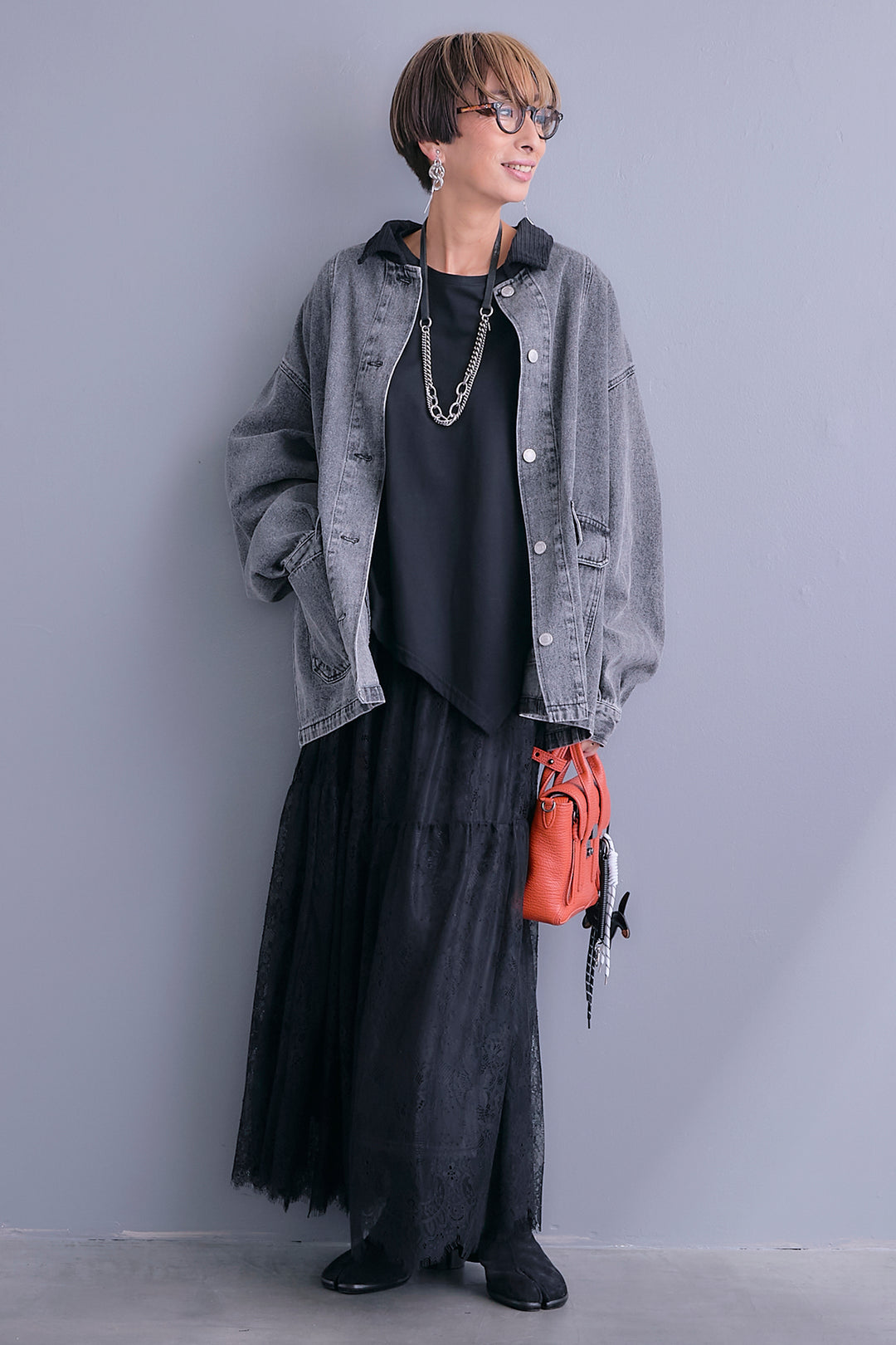 【SET】コーデュロイカラー10ozデニムジャケット+アシンメトリーロンT+アイラッシュレースロングスカート(3set)