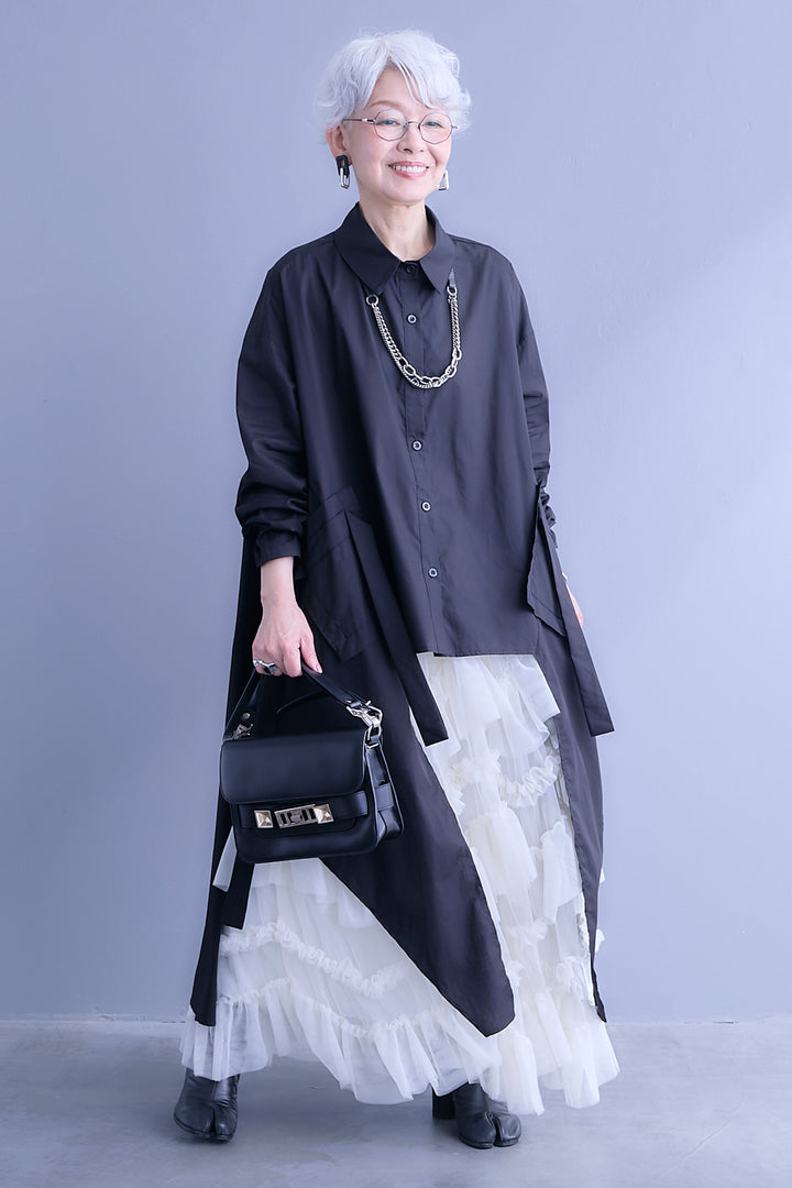 【SET】ロングテールアシメカットデザインシャツ+ペタルティアードチュールスカート(2set)
