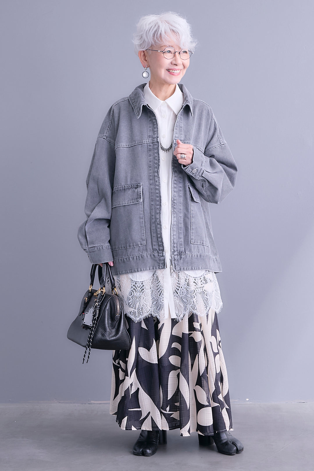【SET】ジップアップデニムブルゾン+ヘムレースロングシャツ+リーフアートフレアスカート(3set)