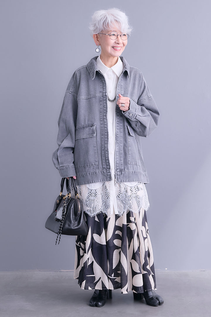【SET】ジップアップデニムブルゾン+ヘムレースロングシャツ+リーフアートフレアスカート(3set)