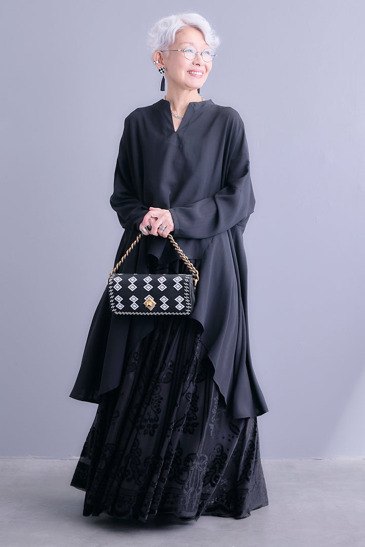 【SET】スキッパーアシメロングテールブラウス+フロッキージャガードチュールロングスカート(2set)