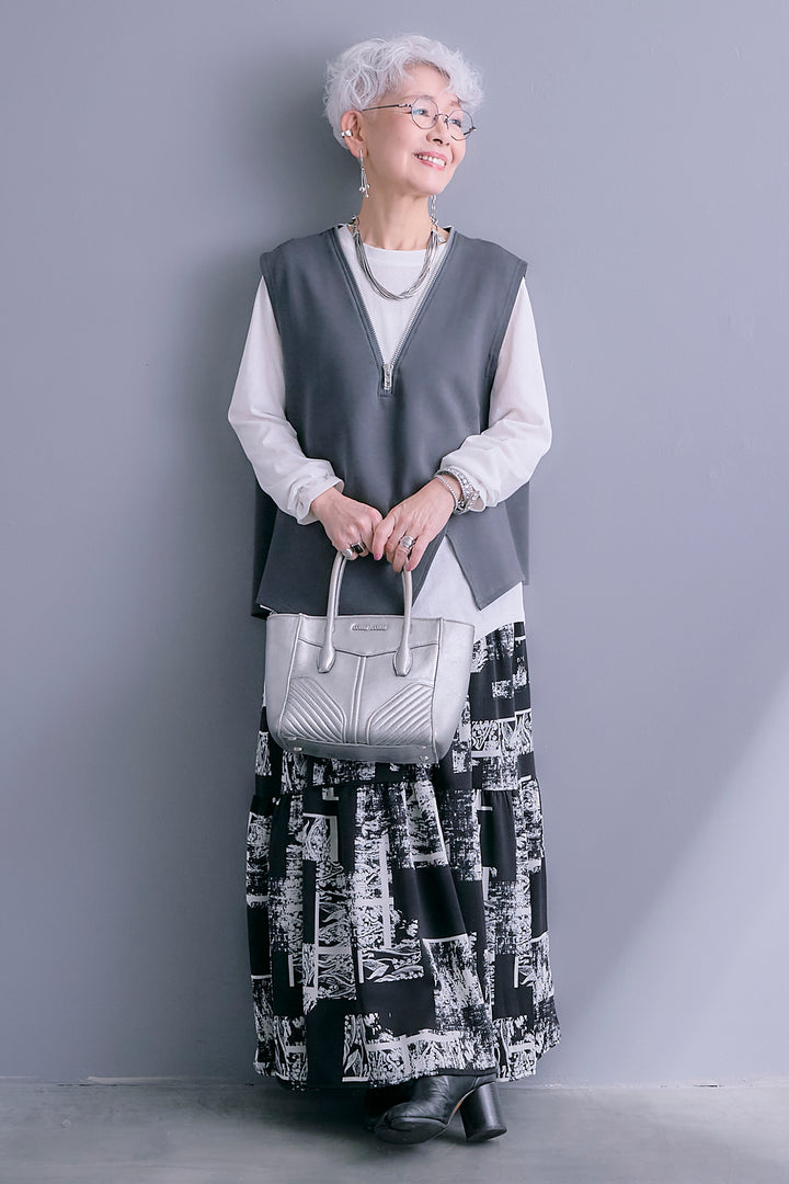 【SET】ZIPオープンVネックベスト+アシメロンT+スズランモノトーンフレアスカート(2set)