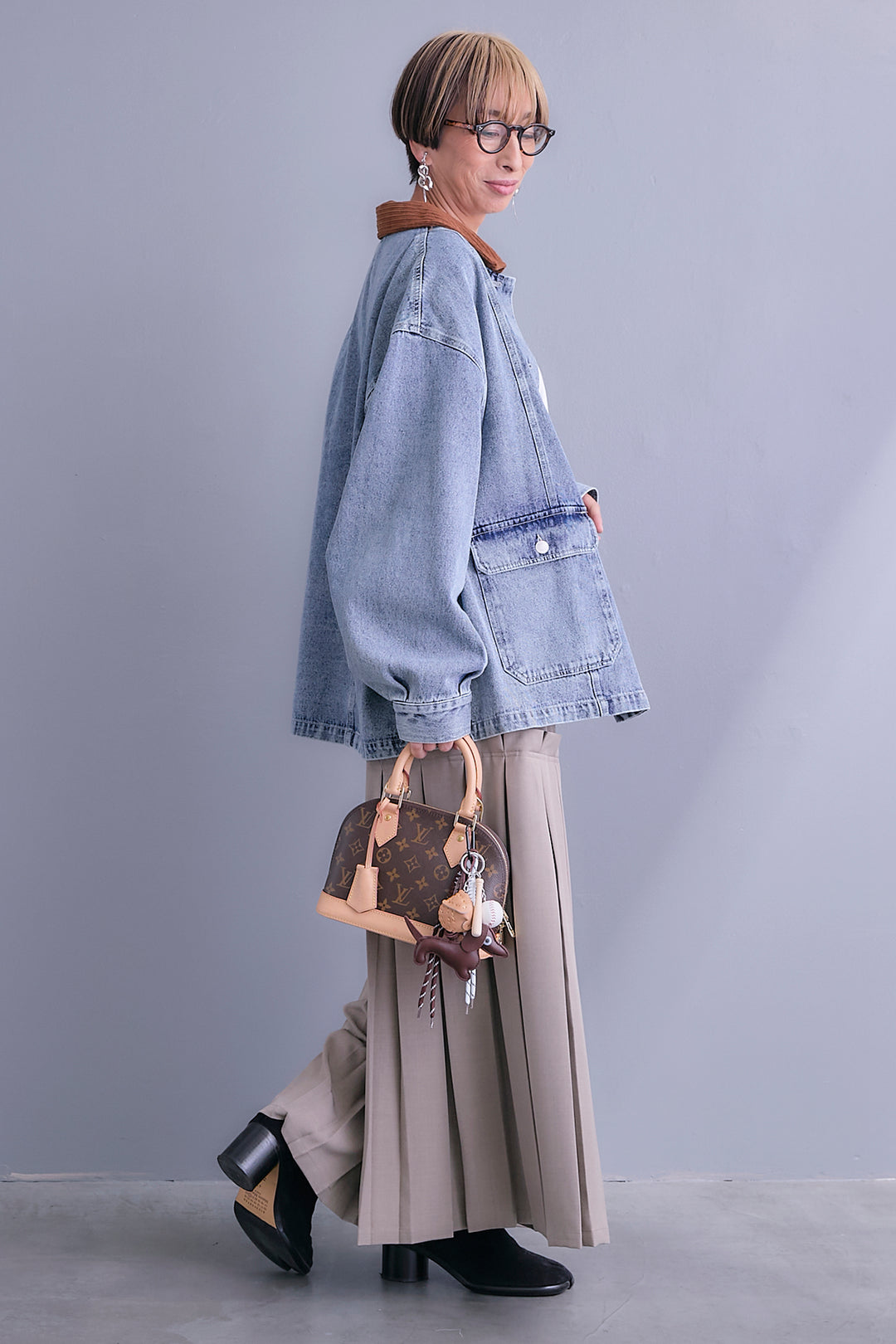 【SET】コーデュロイカラー10ozデニムジャケット+アシンメトリーロンT+ボックスプリーツロングスカート(3set)