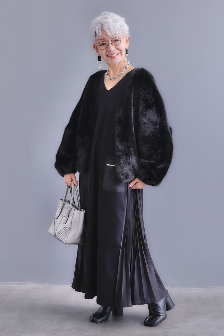 【SET】ZIPポケットサイドプリーツニットワンピース+ノーカラーラウンドシルエットファーコート(2set)