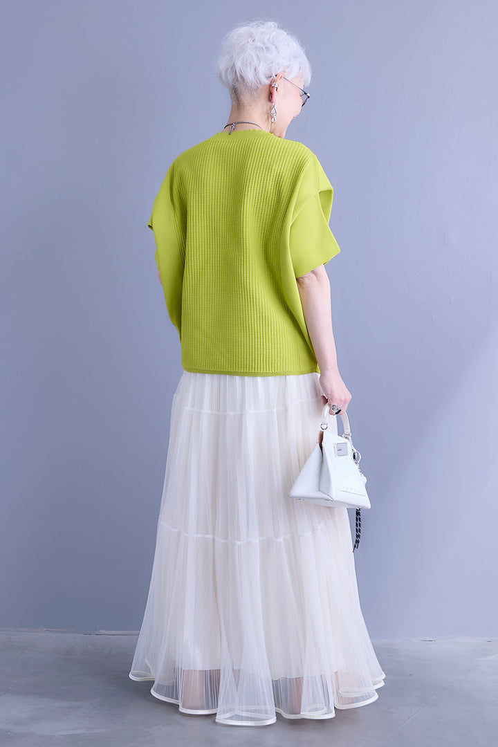 【SET】アップスリーブニットプルオーバー+2WAYラメサテンプリーツ×シアーティアードチュールスカート(2set)