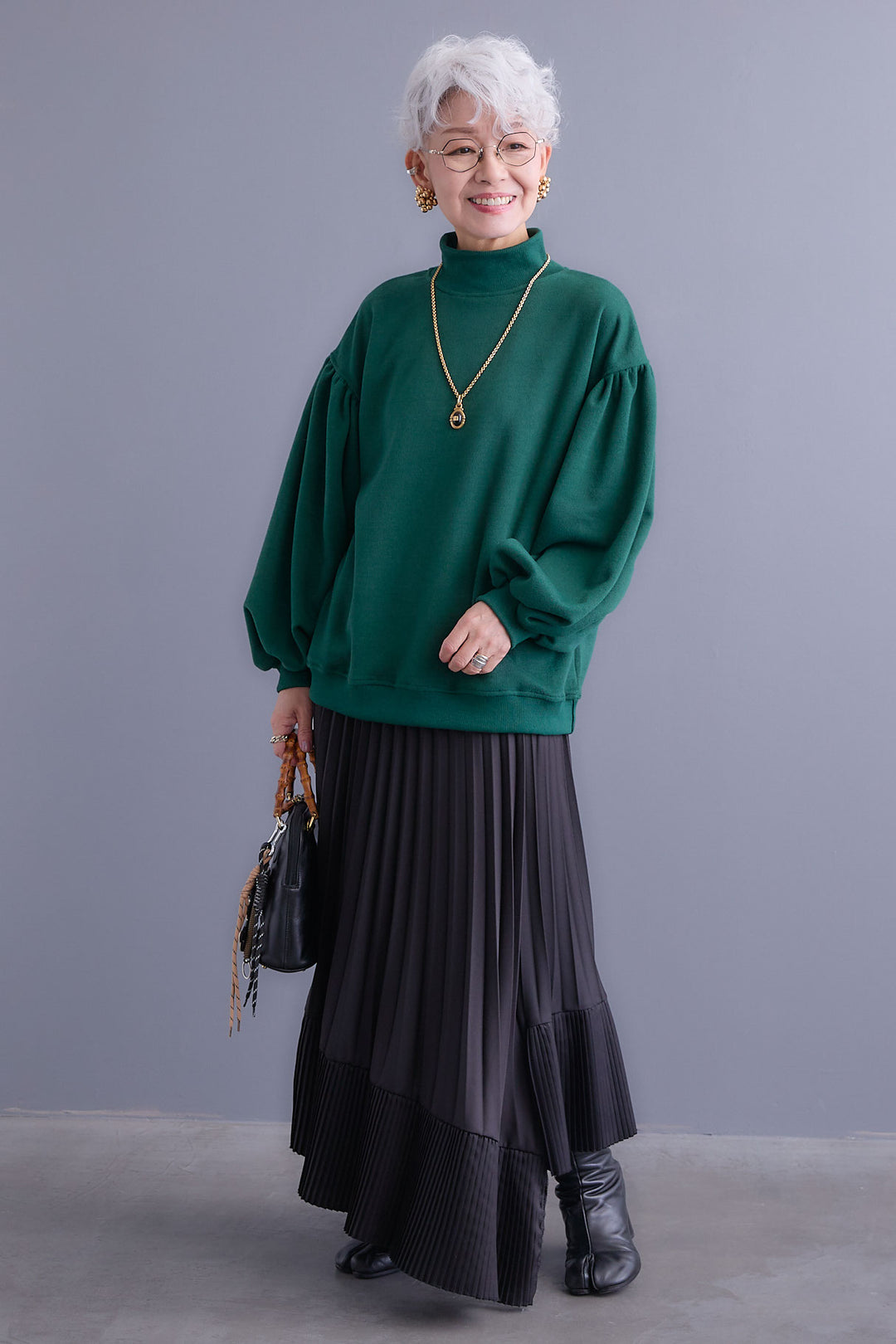 【SET】ボリュームスリーブモックネックプルオーバー+アシンメトリープリーツスカート(2set)