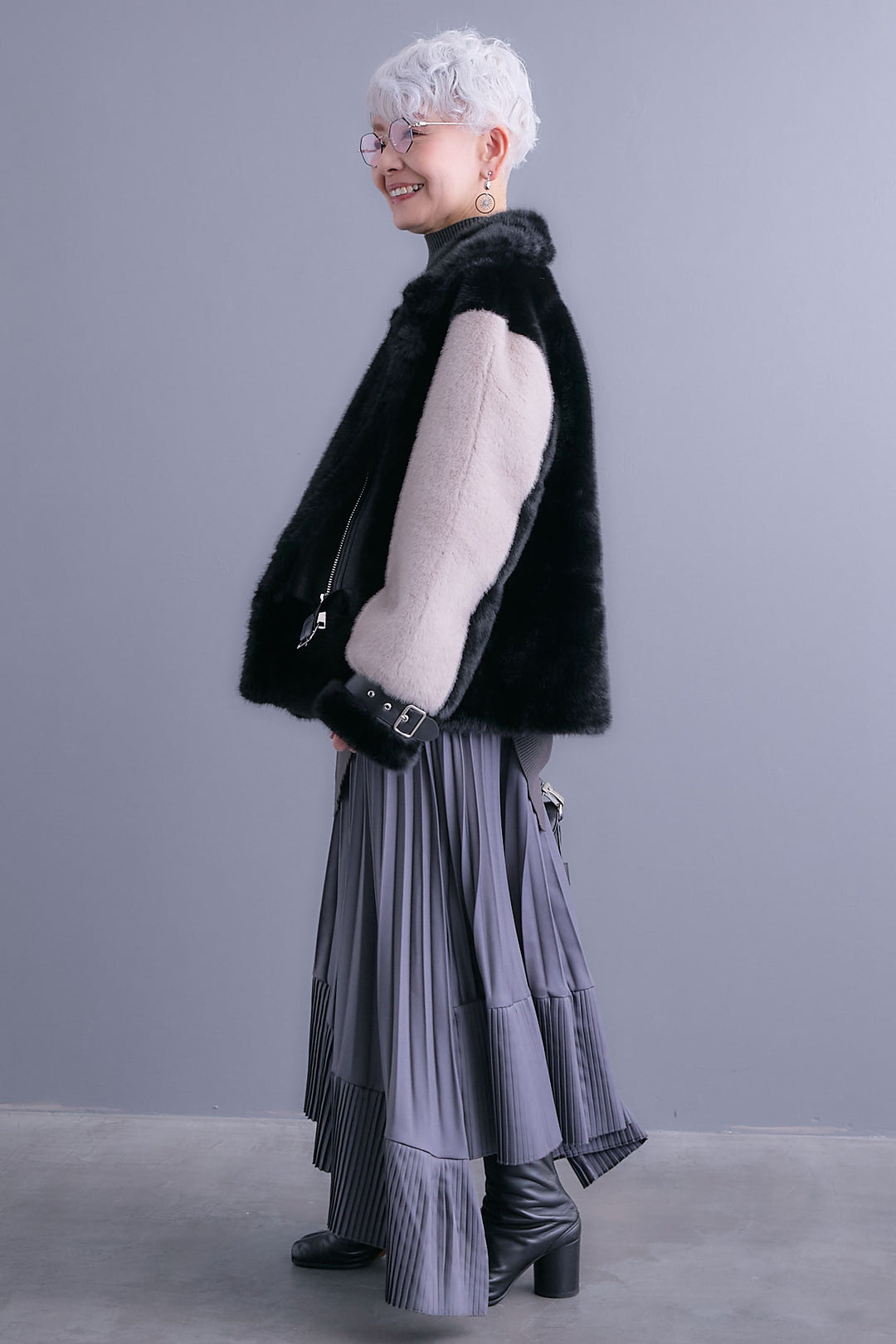 【SET】アシンメトリーオーバーニット+ライダースドッキングエコファージャケット+アシンメトリープリーツスカート(3set)