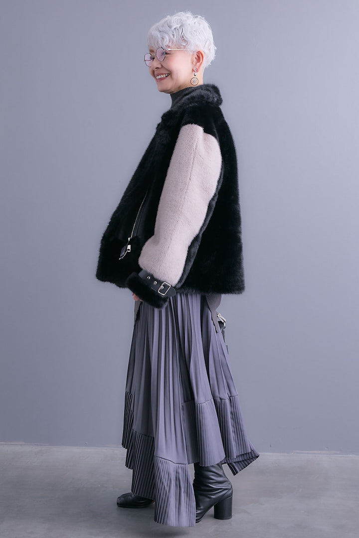 【SET】アシンメトリーオーバーニット+ライダースドッキングエコファージャケット+アシンメトリープリーツスカート(3set)