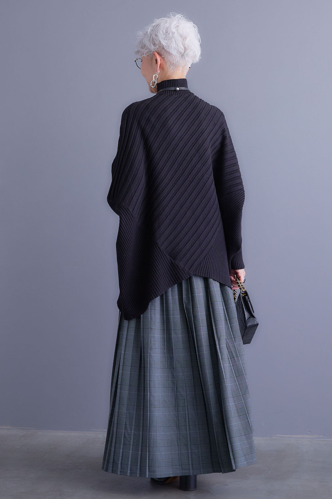 【SET】ワイドリブドルマンニット+グレンチェックプリーツスカート(2set)