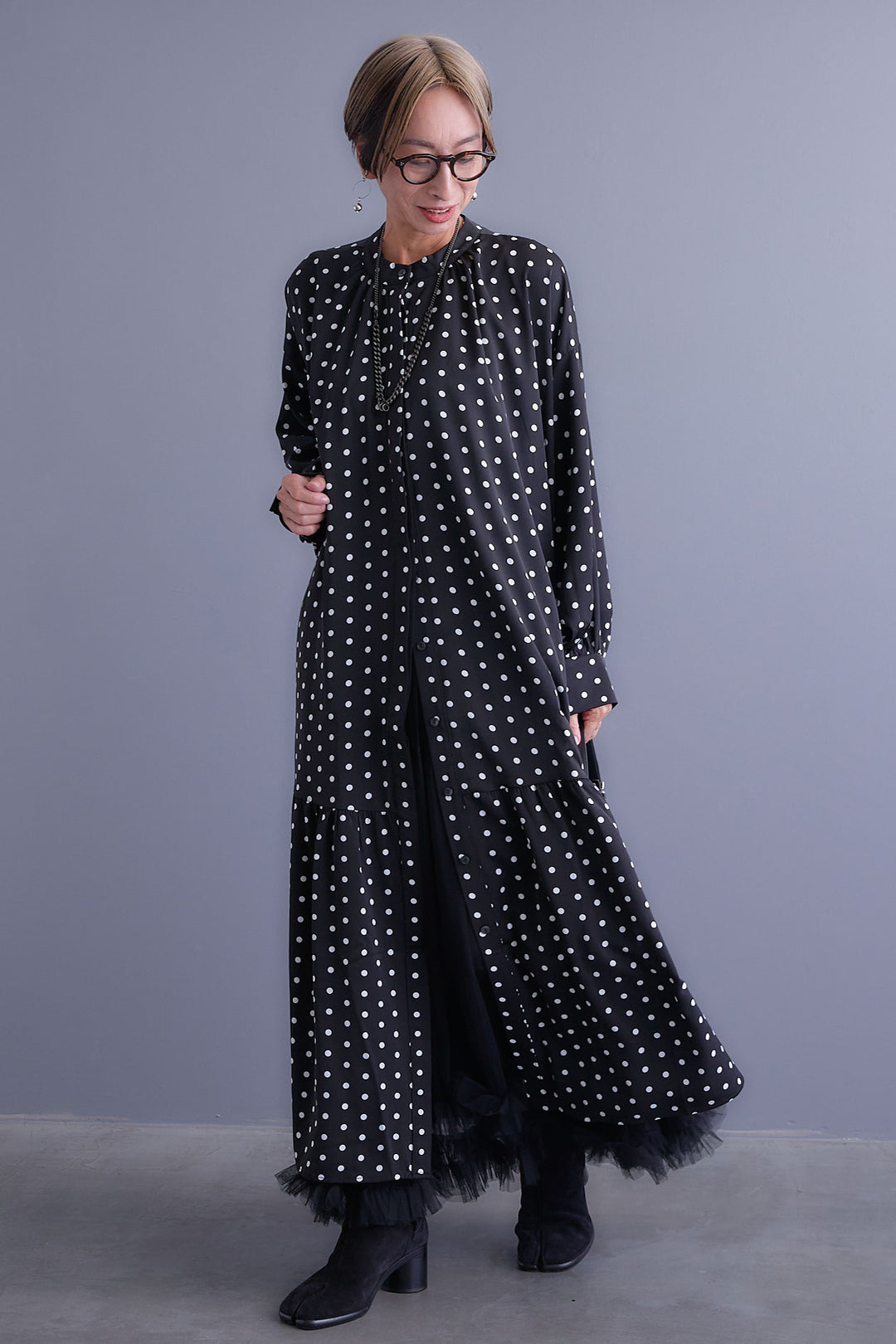 【SET】ボリュームスリーブバックシャンワンピース+フリルチュールティアードスカート(2set)