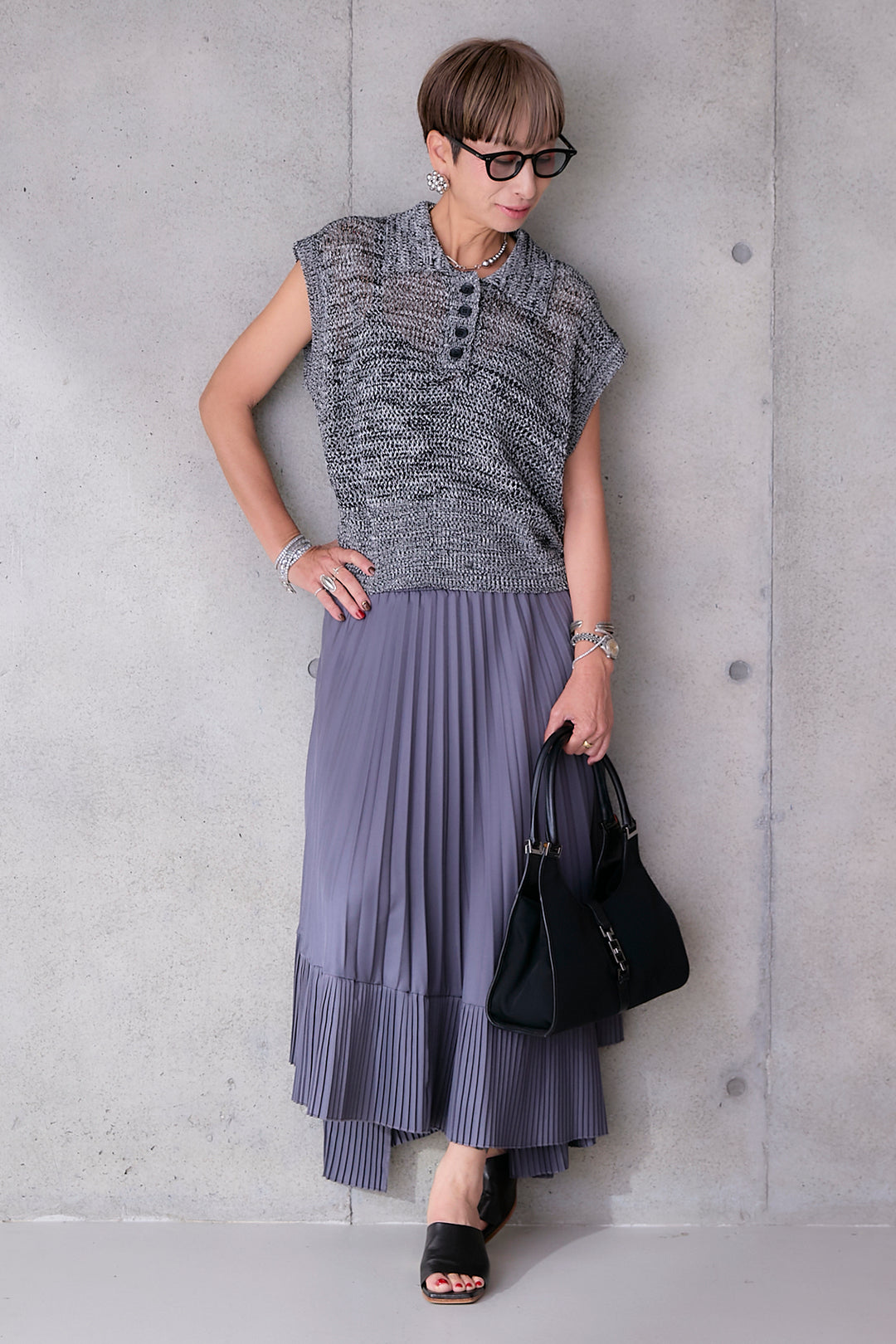 【SET】リネンライクメッシュニット+アシンメトリープリーツスカート(2set)