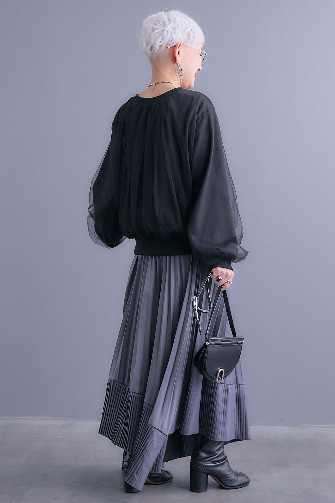 【SET】ノーカラーチュールレイヤードカーディガン+アシンメトリープリーツスカート(2set)