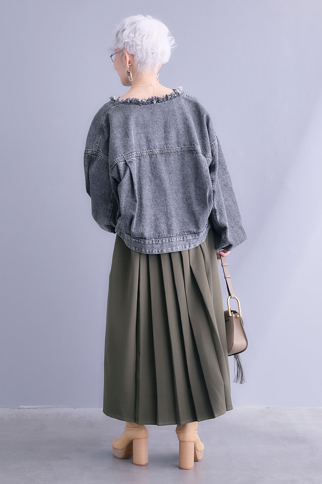 【SET】ボリュームスリーブノーカラーデニムジャケット+ワイドプリーツドッキングワンピース(2set)