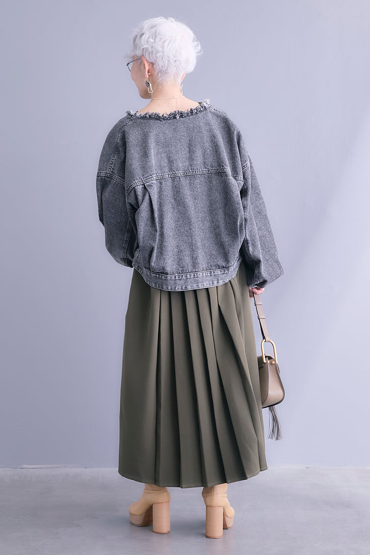 【SET】ボリュームスリーブノーカラーデニムジャケット+ワイドプリーツドッキングワンピース(2set)