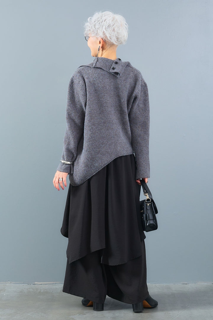 【SET】アシメハイネックボタンニット+アシメレイヤードワイドパンツ(2set)